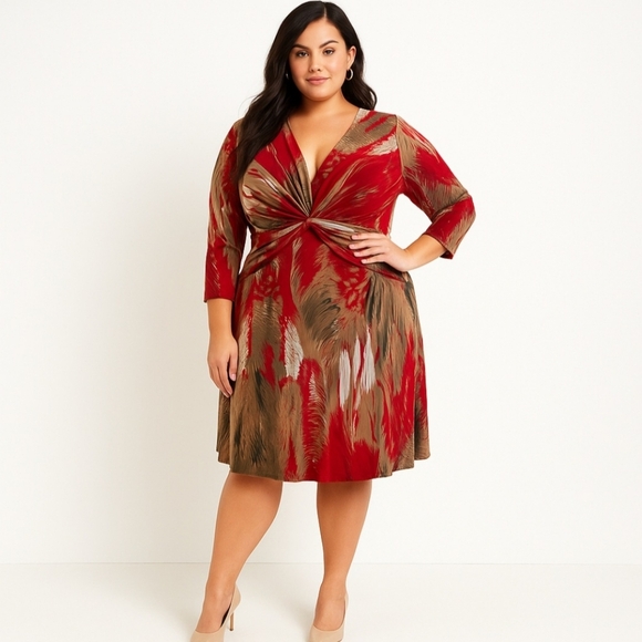 Mlle Gabrielle Women's Plus Knit Khaki Coral Dress Midi Dress Size 2X - Picture 1 of 6